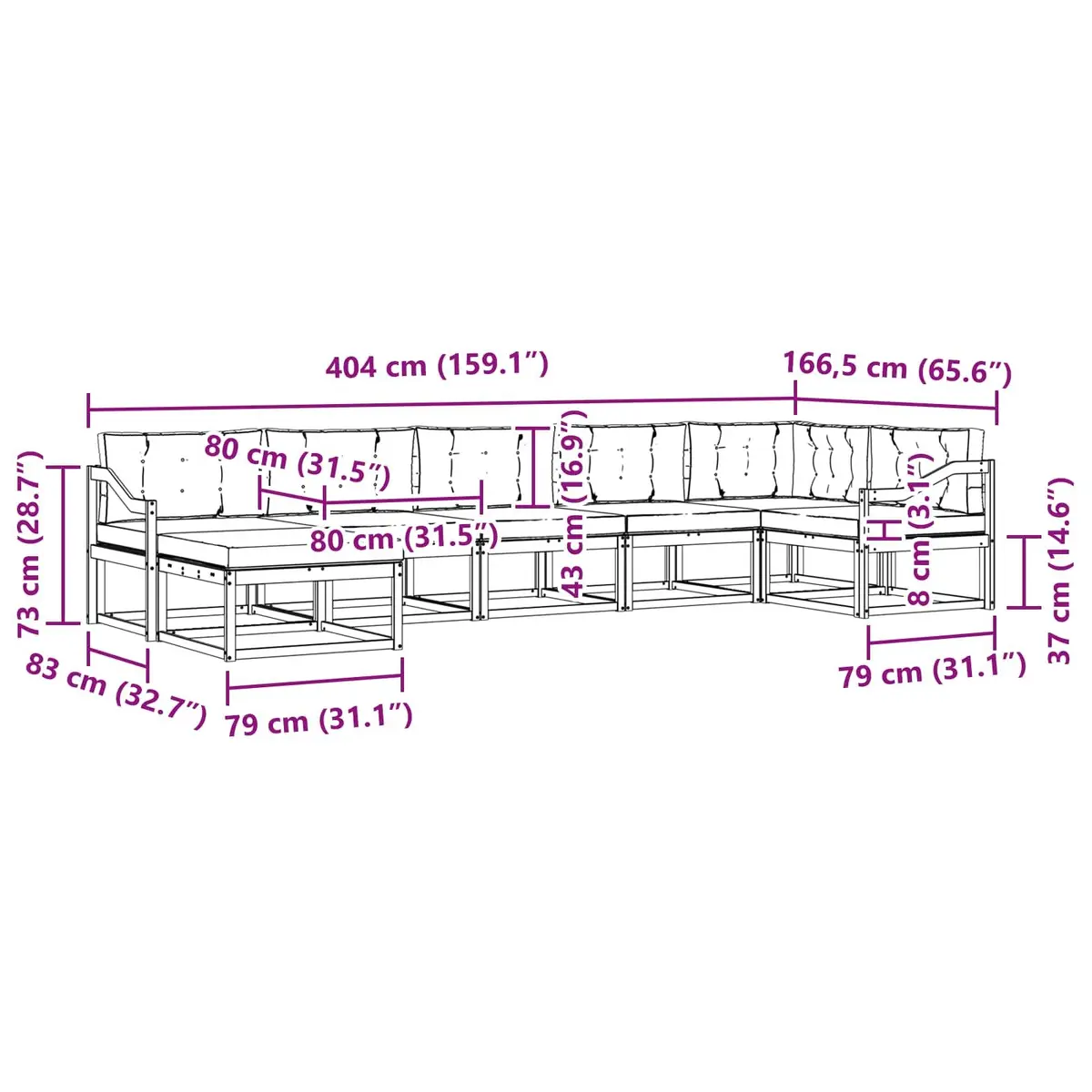 Outdoor Sectional Sofa Set Modular 7 Pieces Contemporary Natural Acacia Wood