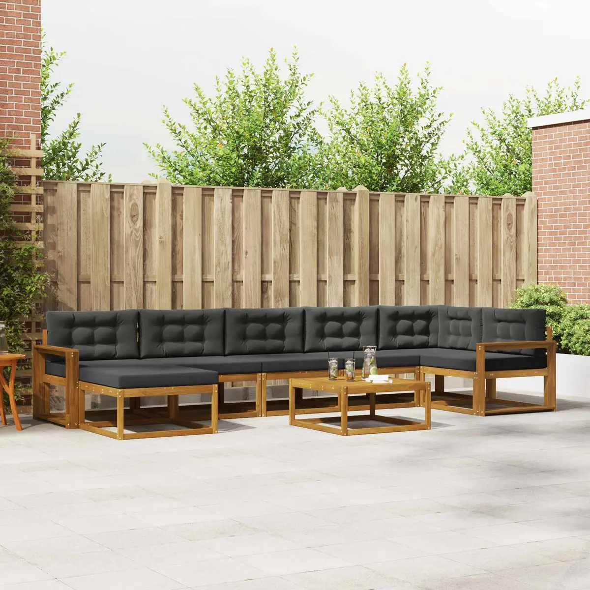 Outdoor Sectional Sofa Set Brown 8 Pieces Acacia Wood Frame with Cushions