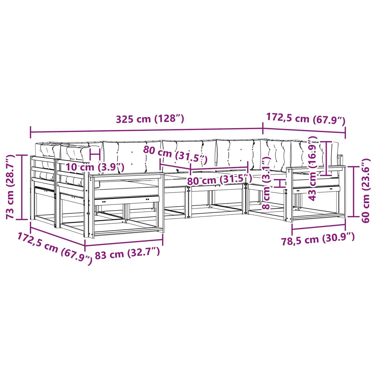 Outdoor Sectional Sofa Set Brown 6 Piece Solid Acacia Wood Cushions