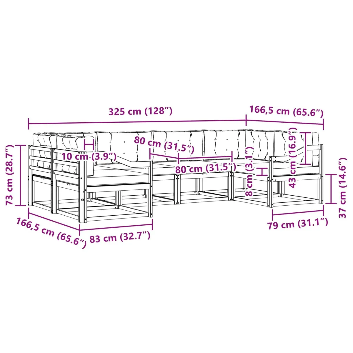 Outdoor Sectional Sofa Set Modern Slatted 6 Piece Solid Acacia Wood Garden Patio Furniture with Cushions Brown