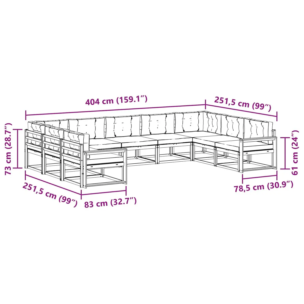 Outdoor Sectional Sofa Set Brown 9 Piece Solid Acacia Wood with Cushions