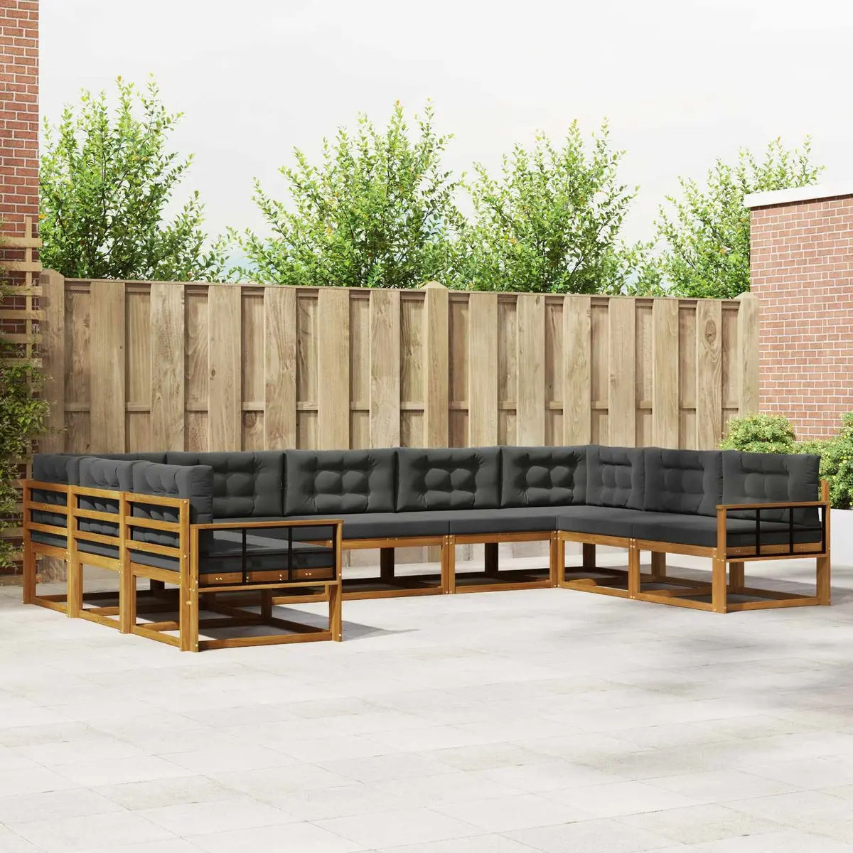 Outdoor Sectional Sofa Set Brown 9 Pieces Solid Acacia Wood Frame with Cushions