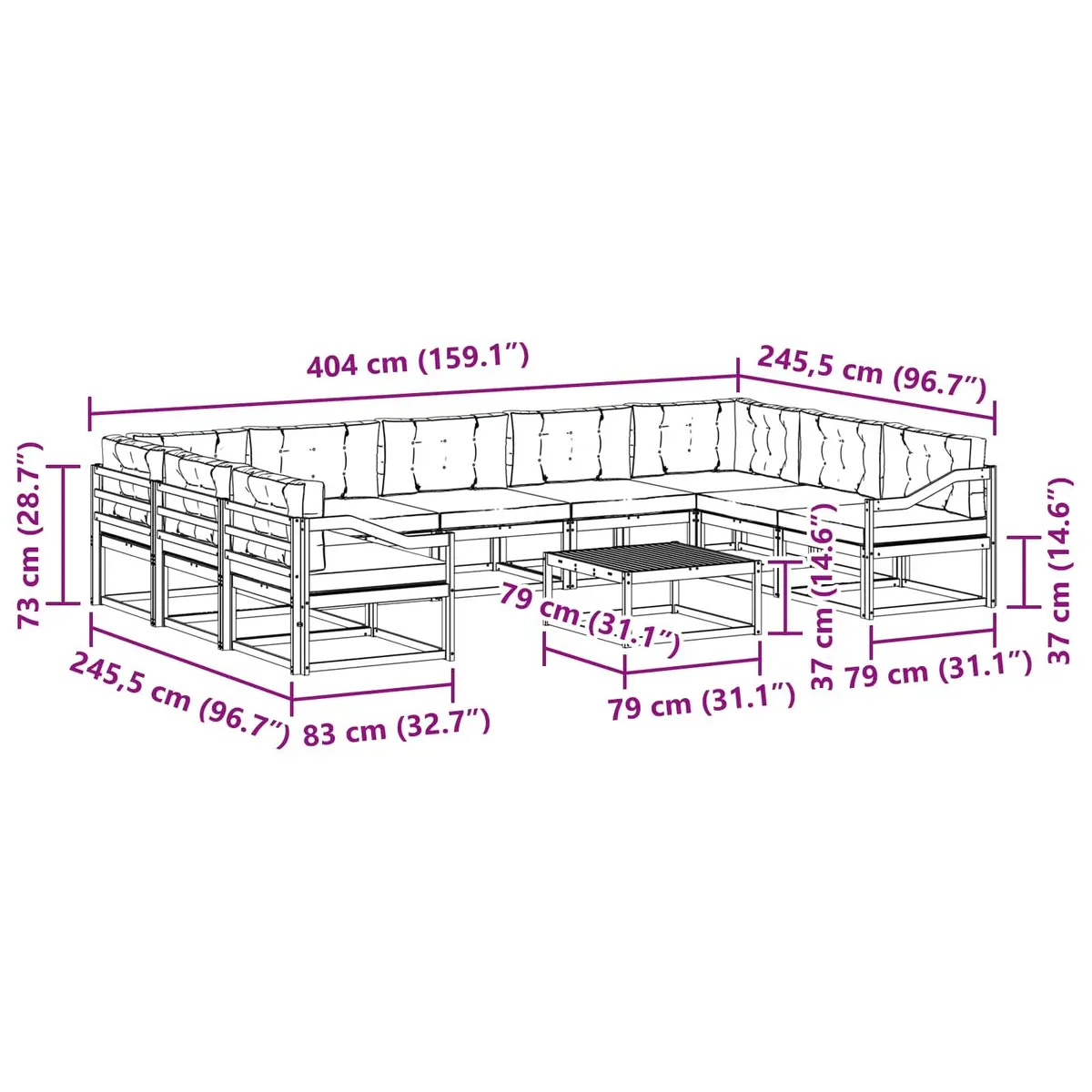 Outdoor Sectional Sofa Set Brown Solid Acacia Wood 10 Piece