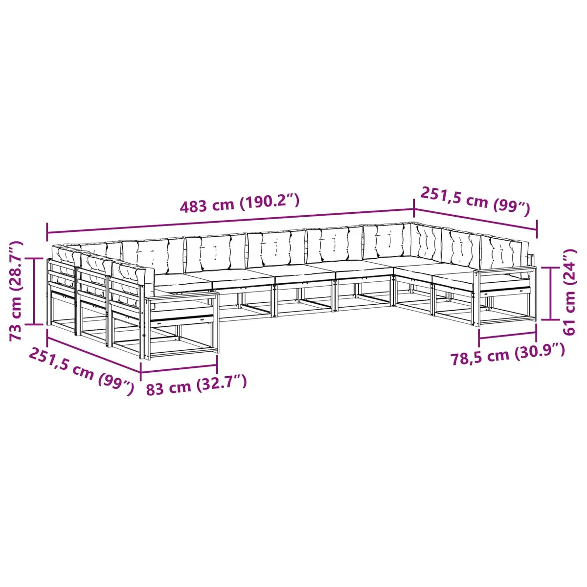 Outdoor Sectional Sofa Set Modern 10 Piece Solid Acacia Wood with Cushions