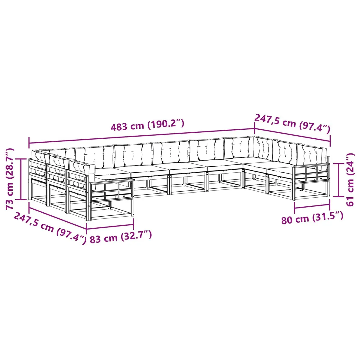 Outdoor Sectional Sofa Set Modern Brown Acacia Wood 10 Piece with Cushions