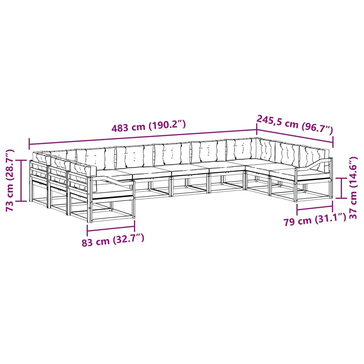 Outdoor Sectional Sofa Set 10 Piece Patio Garden Furniture with Cushions