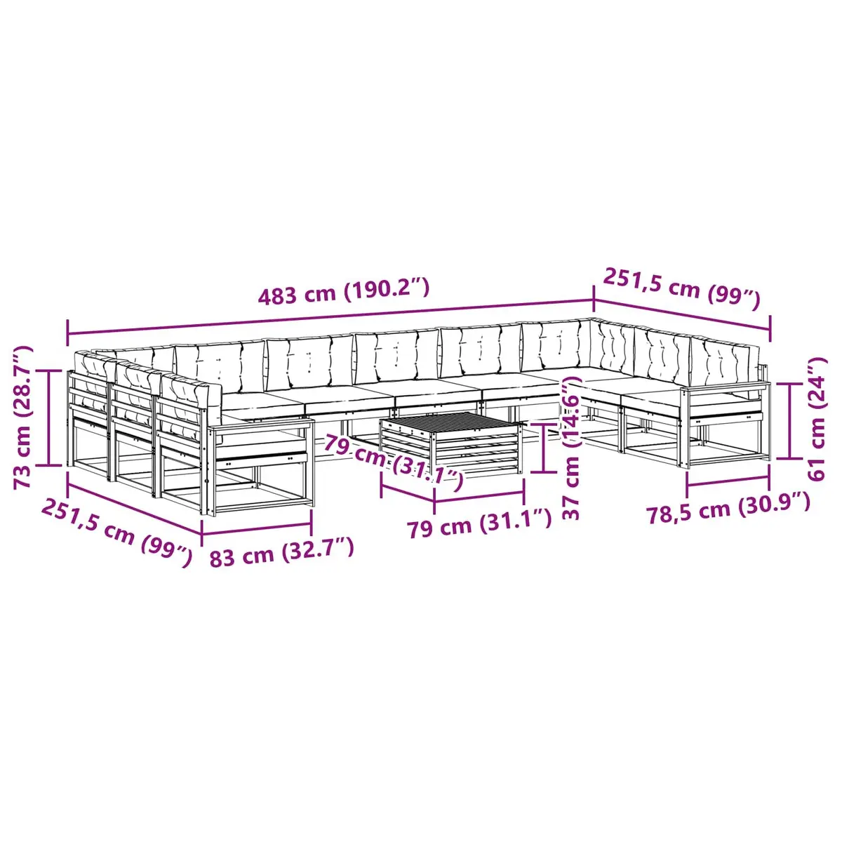 Outdoor Sectional Sofa Set Modern Brown 11 Piece Solid Acacia Wood Cushioned Lounge