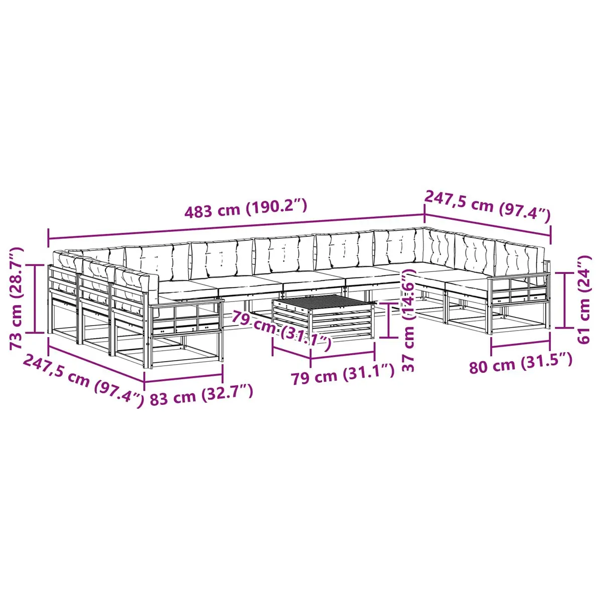 Outdoor Sectional Sofa Set Modern Brown 11 Piece Solid Acacia Wood