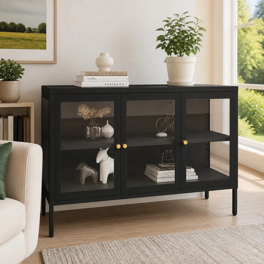 Sideboard Black 105x35x70 cm Steel Frame Glass Door Storage Cabinet
