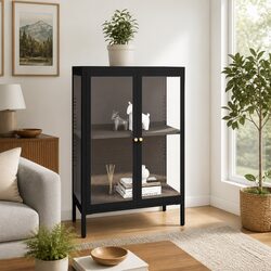 Elegant Black Sideboard Storage Cabinet with Glass Doors