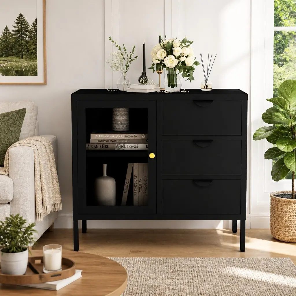 Sideboard Black Storage Cabinet Steel Glass 75x35x70 cm Adjustable Shelf Drawers