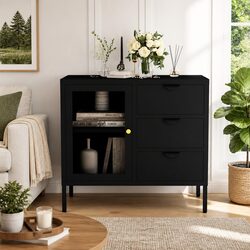 Black Steel and Glass Sideboard with Storage Drawers