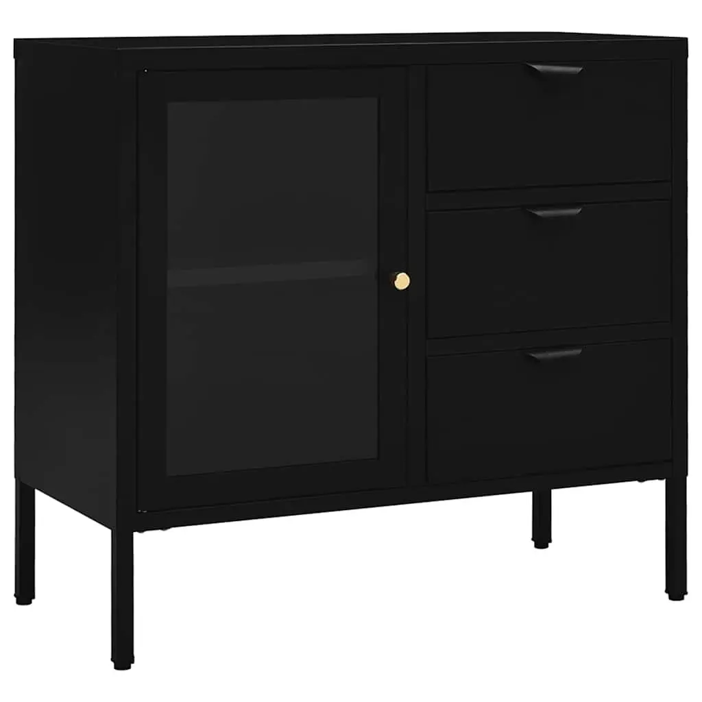 Sideboard Black Storage Cabinet Steel Glass 75x35x70 cm Adjustable Shelf Drawers