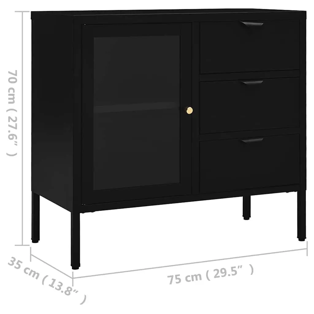 Sideboard Black Storage Cabinet Steel Glass 75x35x70 cm Adjustable Shelf Drawers