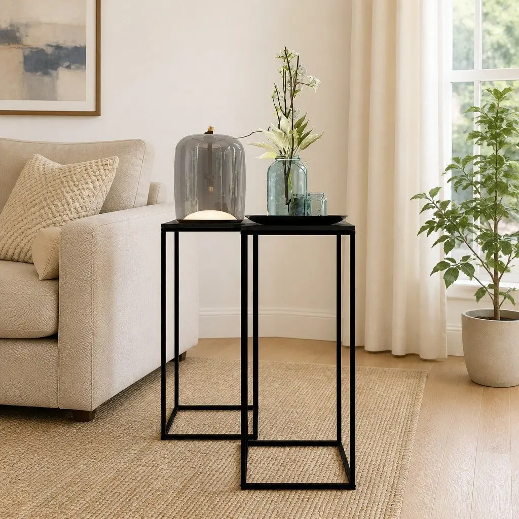 Black Steel Side Tables Set of 2 Living Room Accent Coffee Table