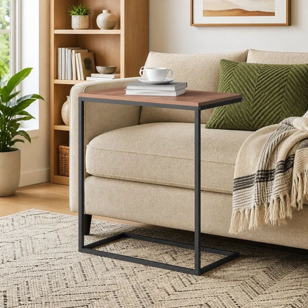 C-Shaped Side Table Black Engineered Wood Iron Frame Living Room Accent Furniture