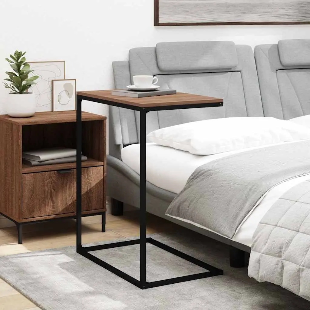 C-Shaped Side Table Black Engineered Wood Iron Frame Living Room Accent Furniture