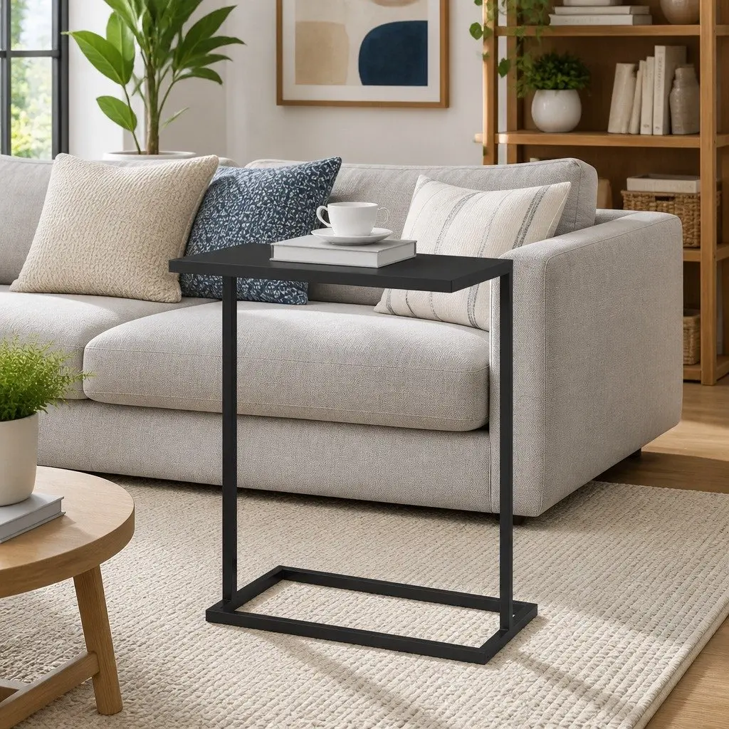 C-Shaped Side Table Black Engineered Wood Iron Living Room Couch