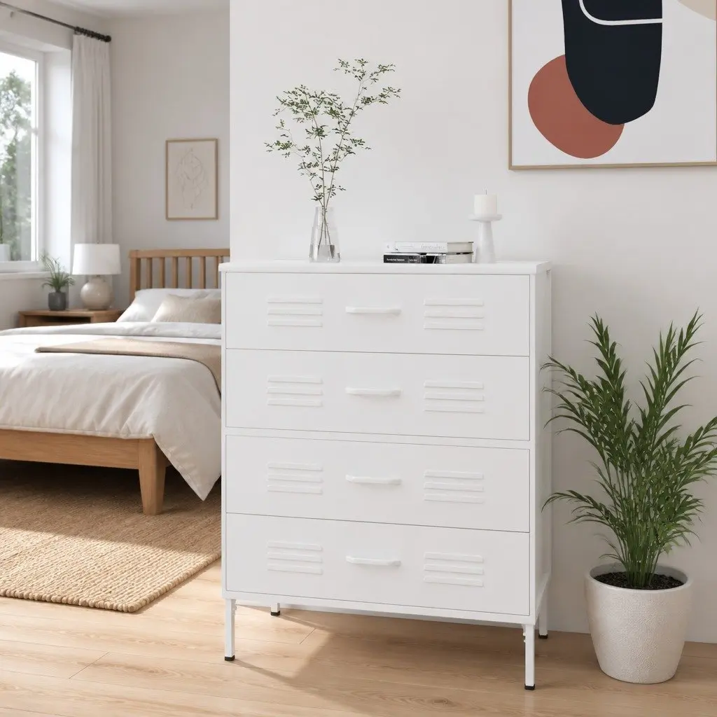 White Steel Chest of Drawers Bedroom Storage Cabinet with Fully Extendable Drawers 80x35x1015cm