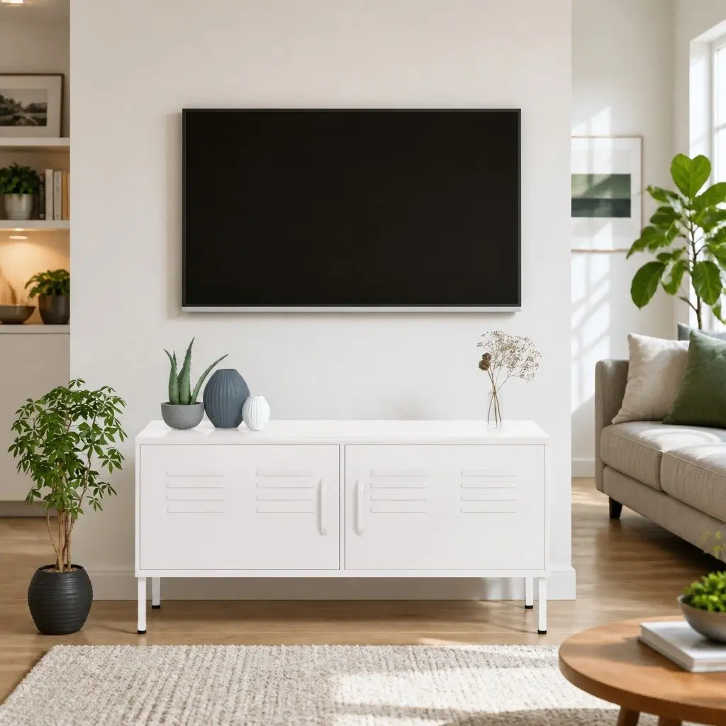 White TV Cabinet Steel Living Room Storage Unit with Doors and Shelf 105cm
