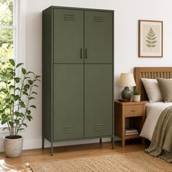 Olive Green Steel Wardrobe Cabinet with Adjustable Shelves