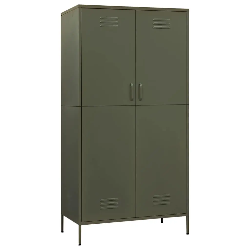 Steel Wardrobe Cabinet Olive Green 90W x 50D x 180H cm with Adjustable Shelves and Hanging Rod