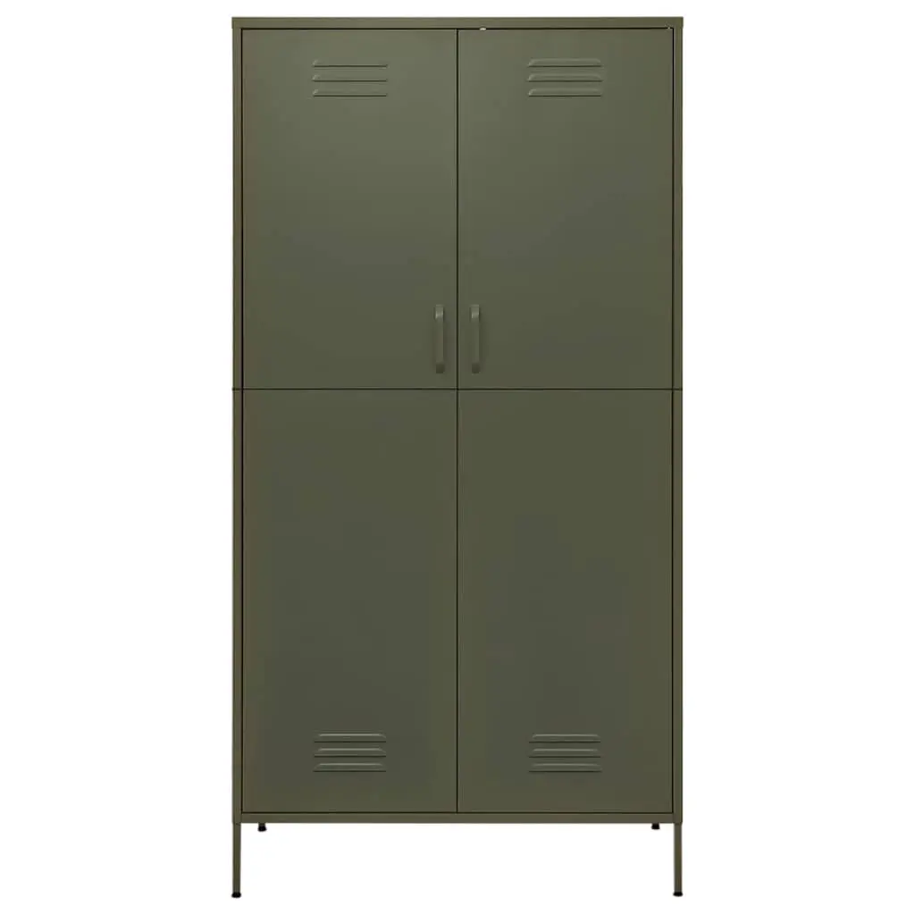 Steel Wardrobe Cabinet Olive Green 90W x 50D x 180H cm with Adjustable Shelves and Hanging Rod