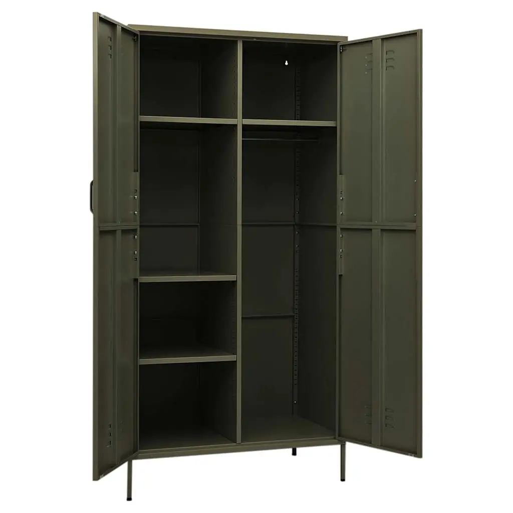 Steel Wardrobe Cabinet Olive Green 90W x 50D x 180H cm with Adjustable Shelves and Hanging Rod