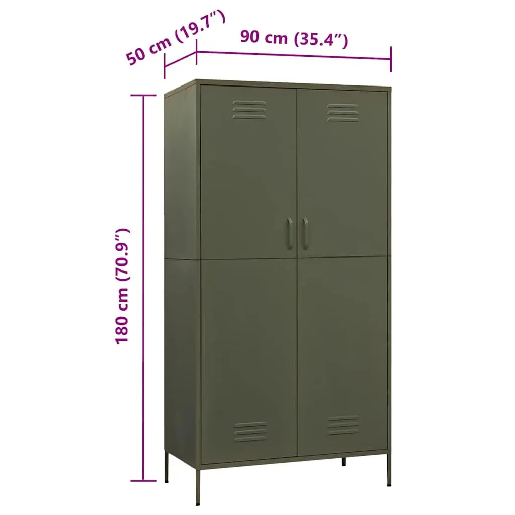 Steel Wardrobe Cabinet Olive Green 90W x 50D x 180H cm with Adjustable Shelves and Hanging Rod