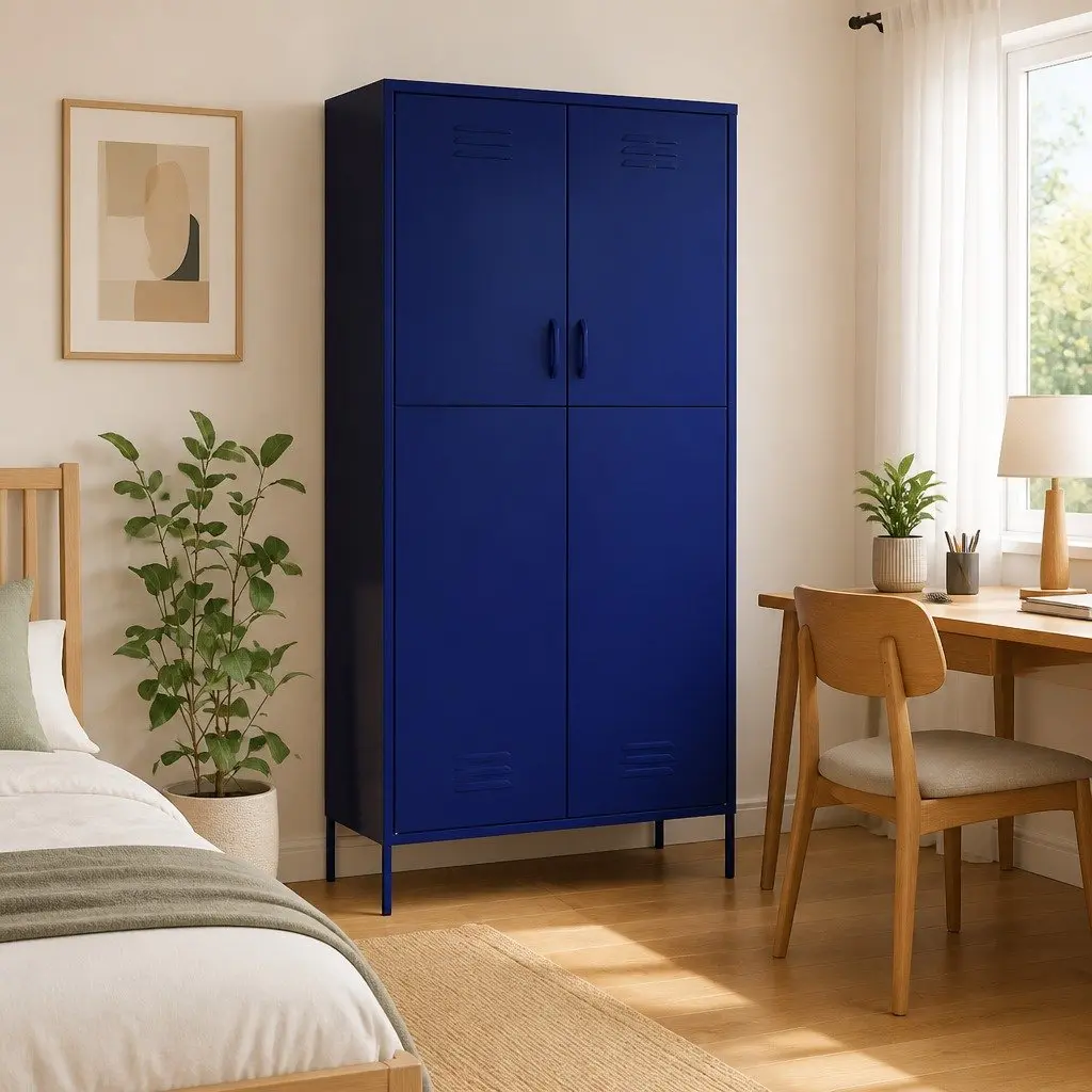 Blue Steel Wardrobe Cabinet with 4 Adjustable Shelves