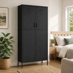 Anthracite Steel Wardrobe with Hanging Rod and Shelves