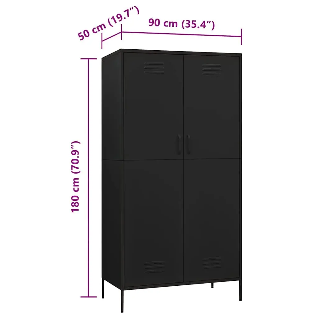Wardrobe Cabinet Black Steel 90cm x 50cm x 180cm 4 Shelves