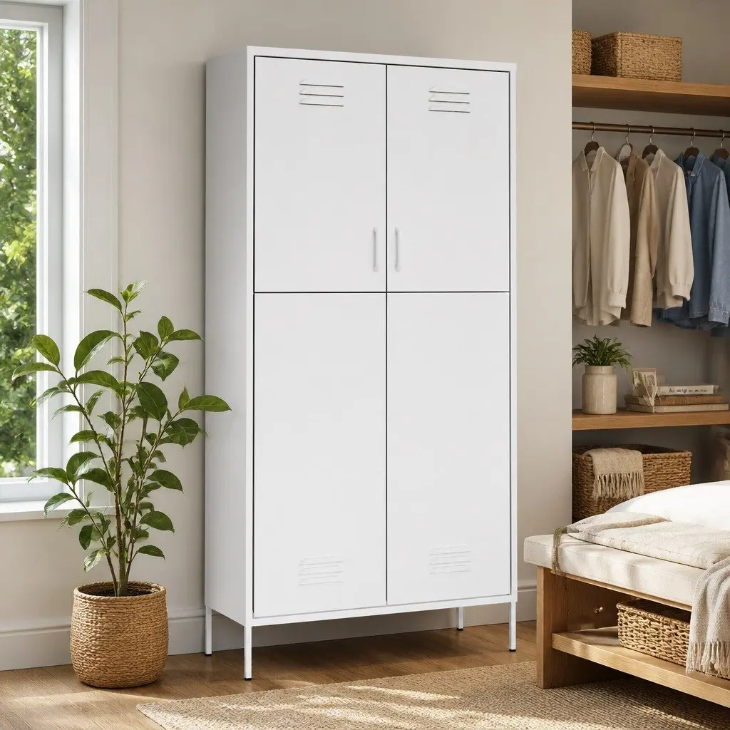 White Steel Wardrobe Cupboard with 4 Shelves