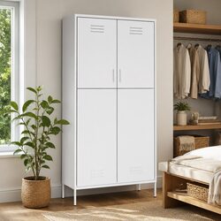 White Steel Wardrobe Cupboard with 4 Shelves