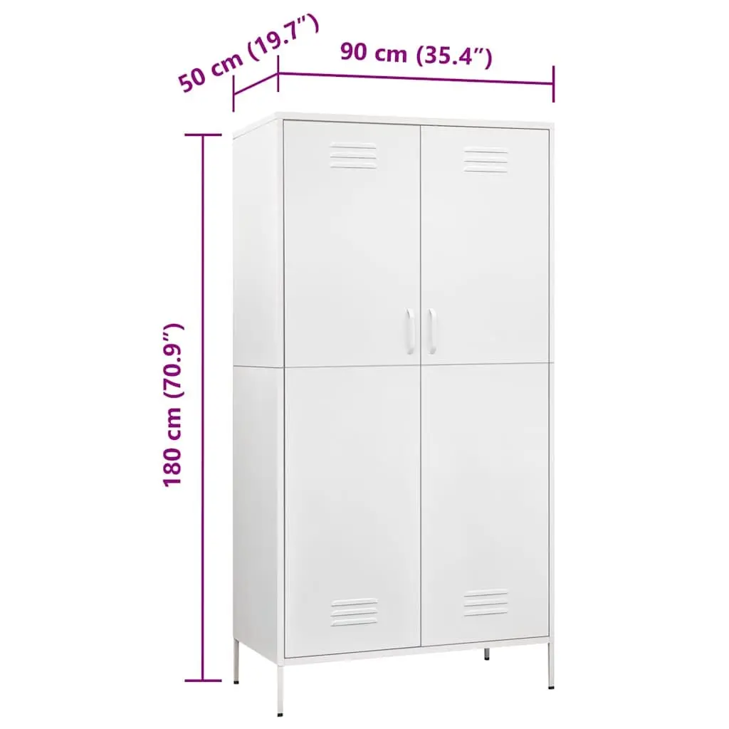 Steel Wardrobe White 90W x 50D x 180H cm 4 Shelves Hanging Rod Storage Cabinet Organiser