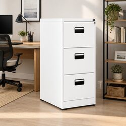 3-Drawer White Steel Filing Cabinet for Office Storage
