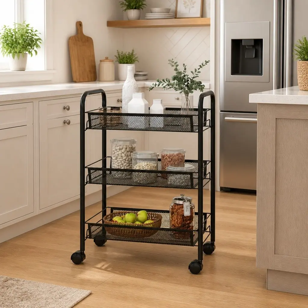 3-Tier Kitchen Trolley Black Iron Storage Cart with Removable Mesh Baskets