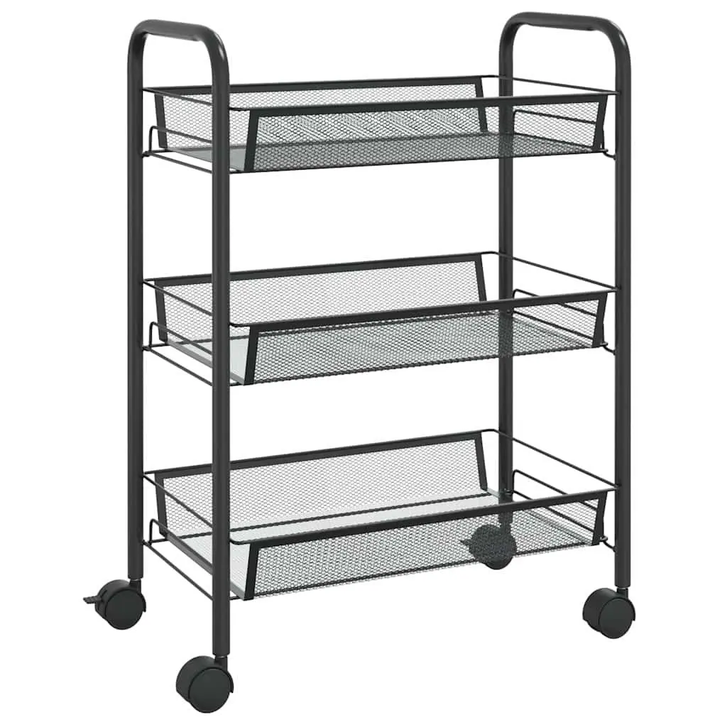 3-Tier Kitchen Trolley Black Iron Storage Cart with Removable Mesh Baskets