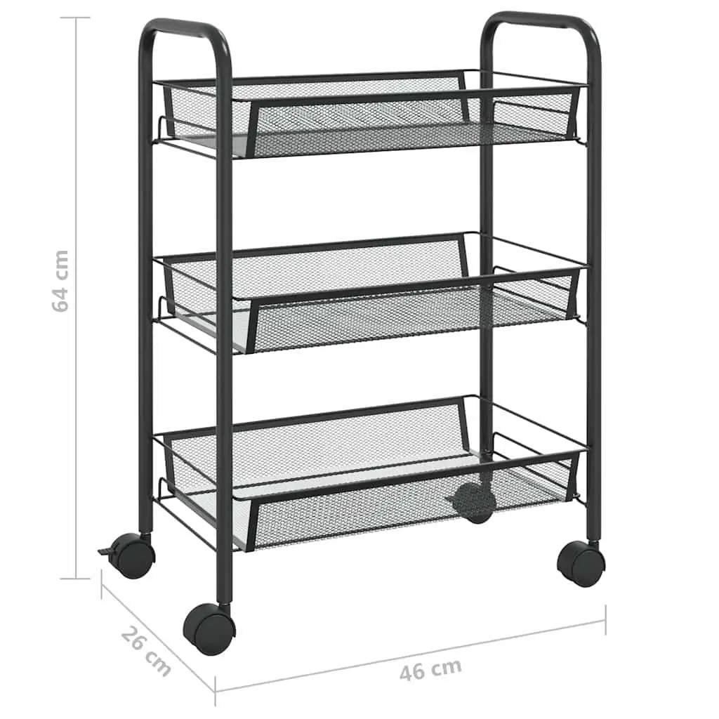 3-Tier Kitchen Trolley Black Iron Storage Cart with Removable Mesh Baskets
