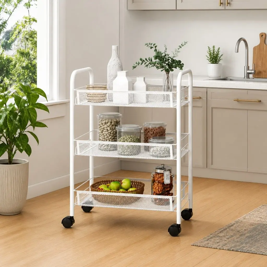 3-Tier Kitchen Trolley White Iron Storage Cart Organiser Mesh Baskets Wheels