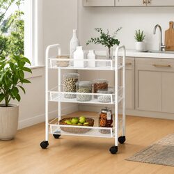3-Tier White Kitchen Trolley with Mesh Baskets and Wheels