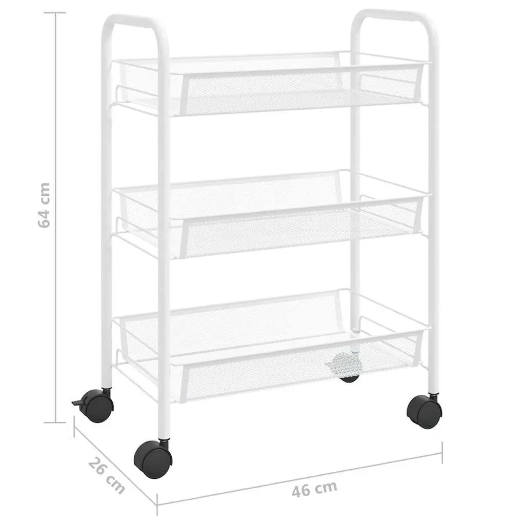 3-Tier Kitchen Trolley White Iron Storage Cart Organiser Mesh Baskets Wheels