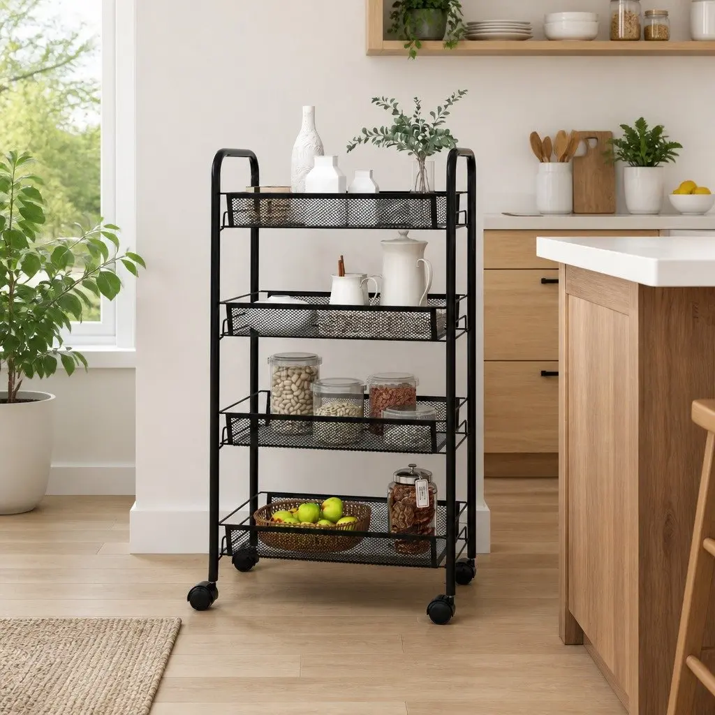 4-Tier Kitchen Trolley Black Iron Storage Cart Removable Mesh Baskets Wheels