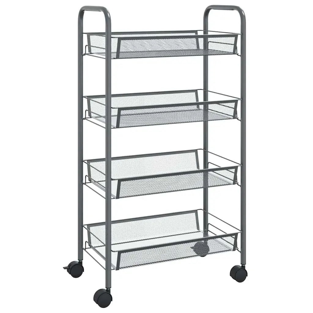 4-Tier Kitchen Trolley Grey Storage Cart Removable Mesh Baskets Iron Construction Wheels