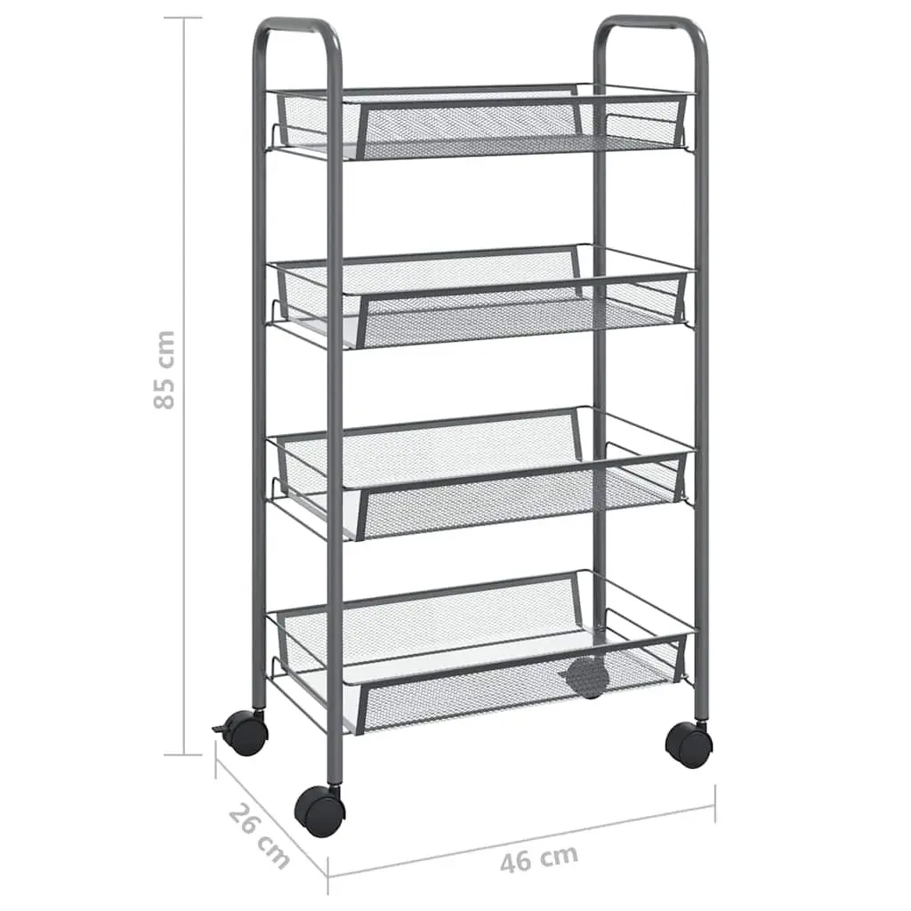 4-Tier Kitchen Trolley Grey Storage Cart Removable Mesh Baskets Iron Construction Wheels