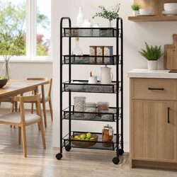 5-Tier Kitchen Trolley with Removable Black Mesh Baskets