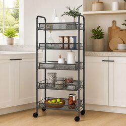 5-Tier Kitchen Trolley Grey Storage Cart with Wheels