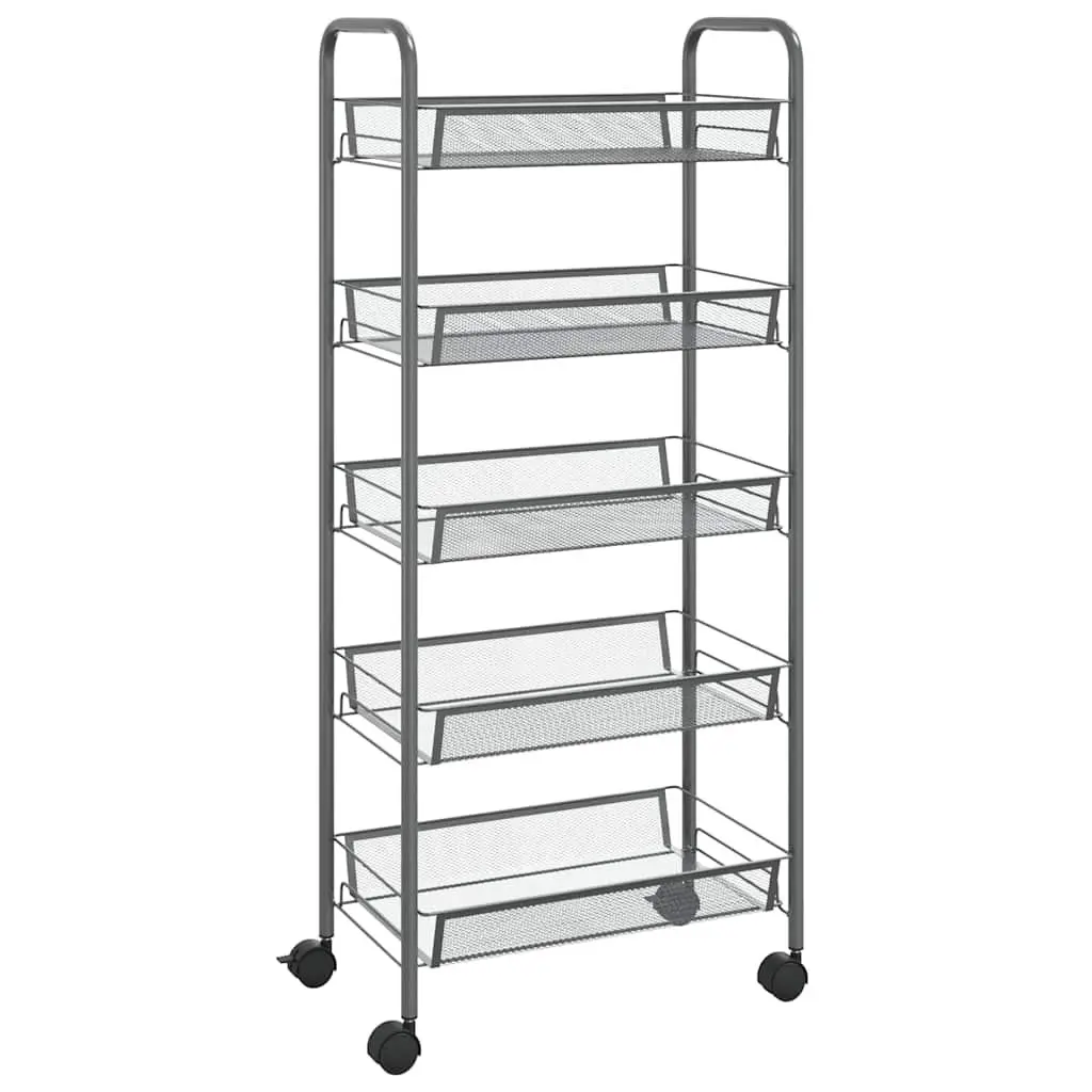 5-Tier Kitchen Trolley Grey Iron Storage Cart Organiser with Removable Baskets and Wheels