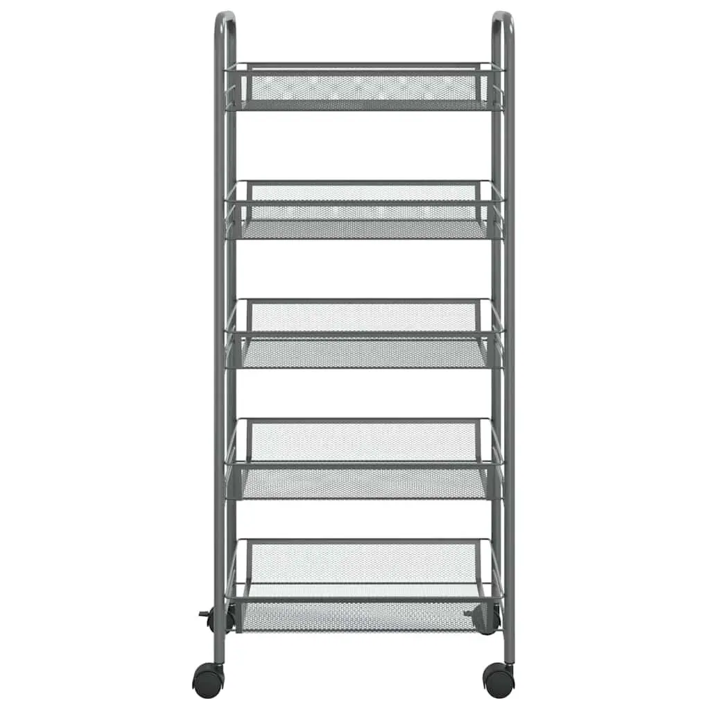5-Tier Kitchen Trolley Grey Iron Storage Cart Organiser with Removable Baskets and Wheels