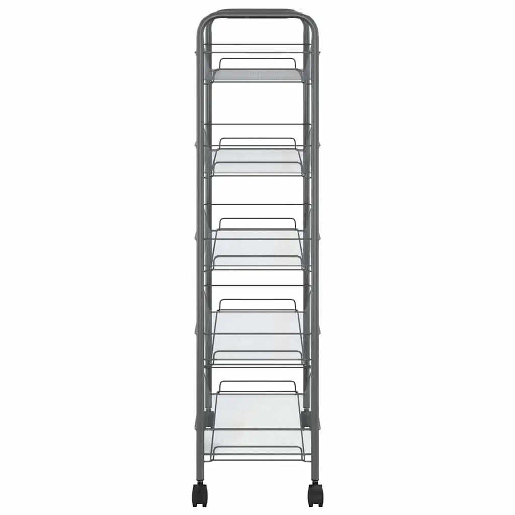 5-Tier Kitchen Trolley Grey Iron Storage Cart Organiser with Removable Baskets and Wheels